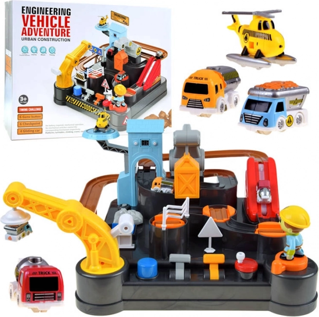 Mechanische Konstruktionsbahn mit Autos und Hubschrauber