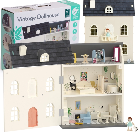Vintage-Puppenhaus aus Holz von Classic World mit Zubehör, 36-teilig