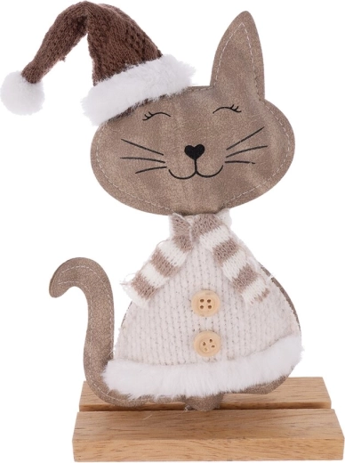 Weihnachtsdekoration: Katze aus Holz und Kunstfell