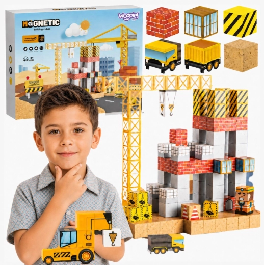Woopie Magnetische Würfel 165 Stk. – Baustellen-Bauset mit Kran und Bagger 3D