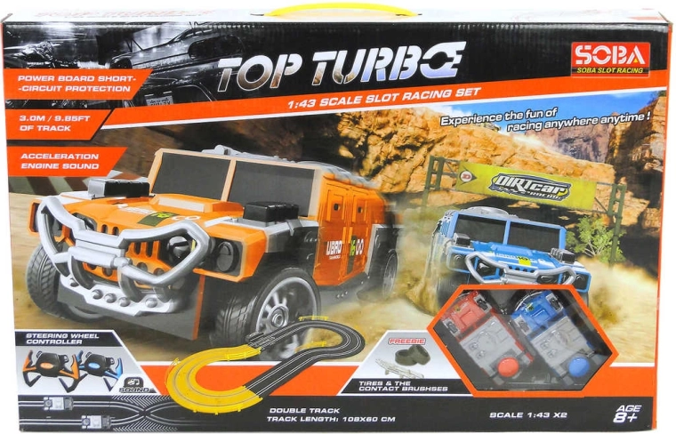Autorennbahn 3 m mit zwei Offroad-Autos, Adapter und Lenkrad-Controllern mit Sound