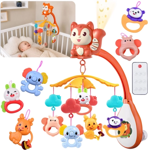 Musikalisches Babybett-Mobile Eichhörnchen mit Projektor und Fernbedienung