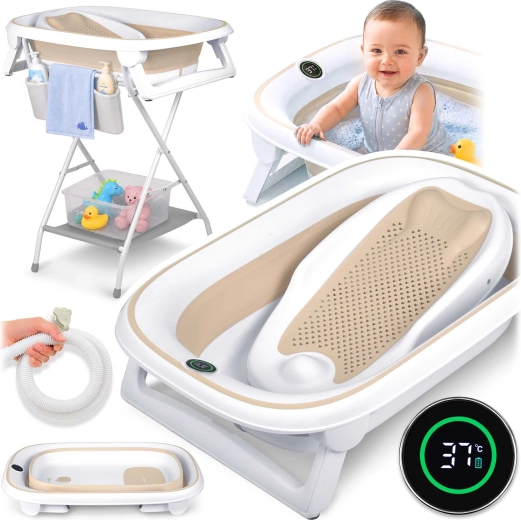Nukido faltbare Babybadewanne mit Ständer, Thermometer und Neugeboreneneinsatz, weiß-beige