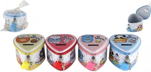 Herzförmige Blech-Spardose mit Schloss, 8 × 7 cm, mehrere Farben