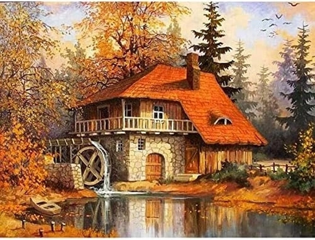 Diamantmalerei Häuschen mit Mühle im Herbst 30 × 40 cm