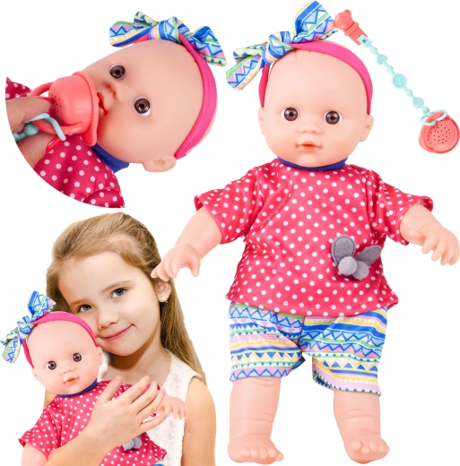 Puppe mit Haarreif und Schnuller mit Geräuschen