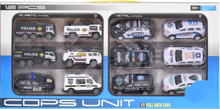 Set aus 12 Polizeiautos mit Freilauf und Rückzugfunktion