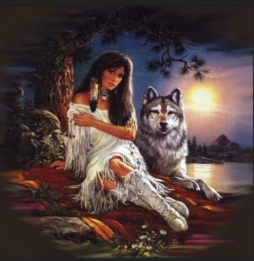 Diamantmalerei Indianerin mit Wolf 30 × 40 cm