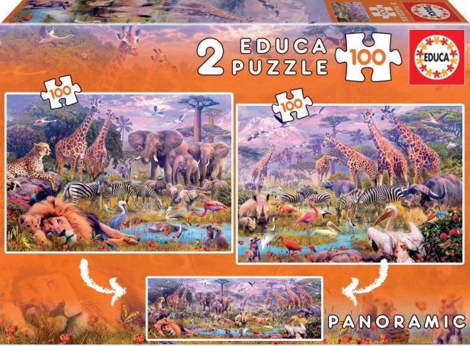 Panorama-Puzzle Wilde Tiere 2×100 Teile EDUCA