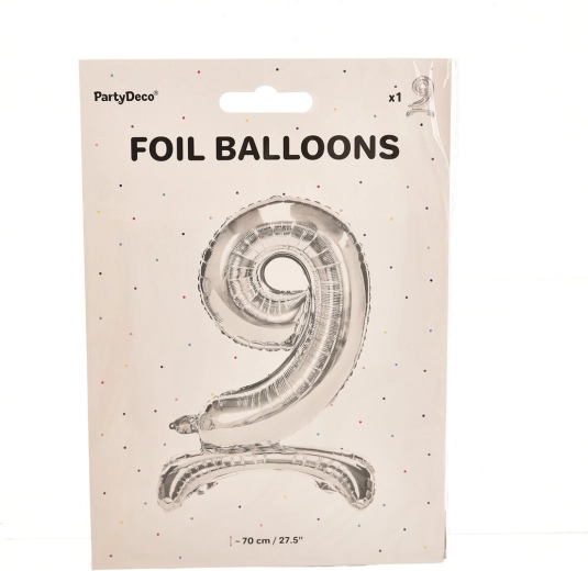 Stehender Folienballon Zahl 9, silbern, 70 cm