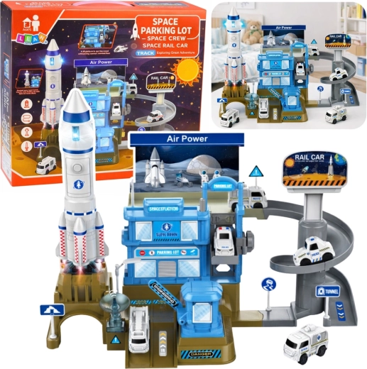 Interaktive Weltraumstation mit Rakete und mehrstöckigem Parkhaus mit Lichtern und Geräuschen