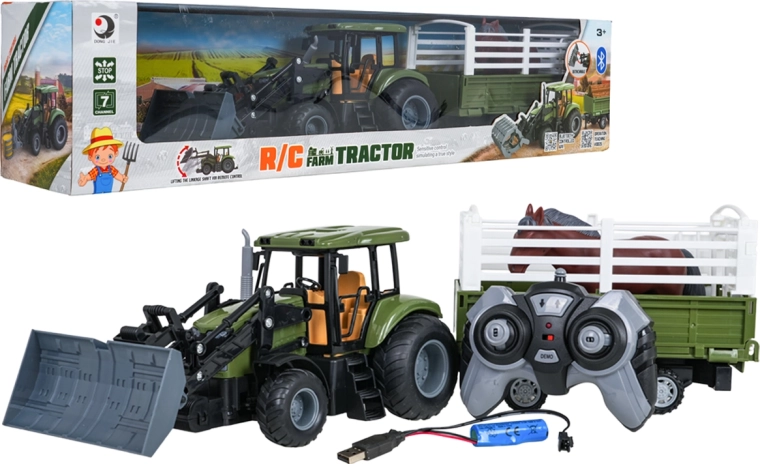 Grüner ferngesteuerter Traktor mit Lader, Anhänger und Pferd im Maßstab 1:20