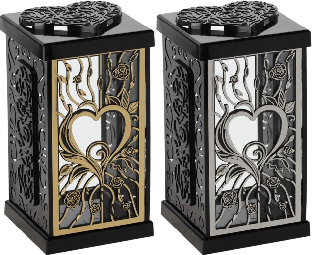 Laterne 30 cm mit großer Rose, schwarz‑silbern / schwarz‑golden