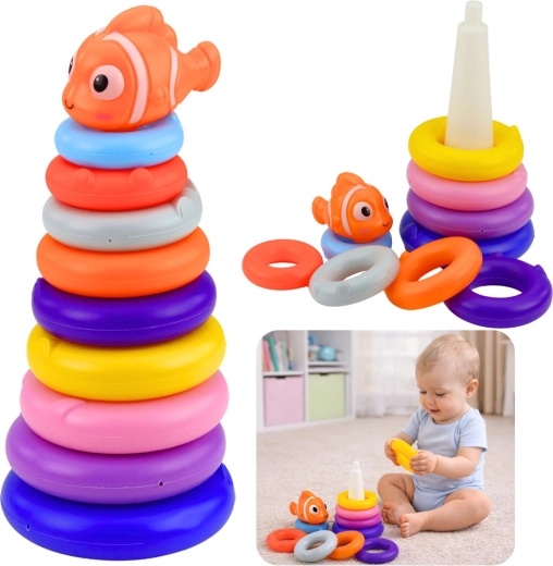 Lern-Stapel-Turm aus bunten Ringen mit Fisch, 10 Teile
