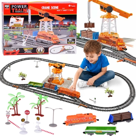 Elektrische Eisenbahn mit Kran, Weichen und Schienen 300 cm