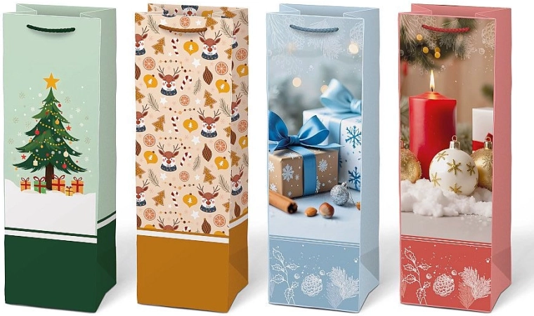 Weihnachtliche Geschenktüte aus Papier für eine Flasche mit Aufdruck – 1 Stück
