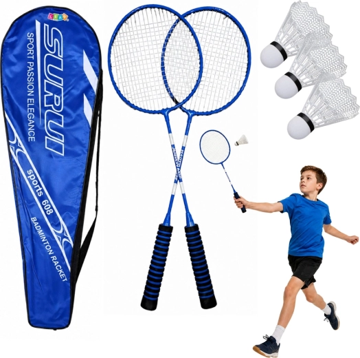 Badminton-Set mit 2 Schlägern, 3 Federbällen und Tasche – blau