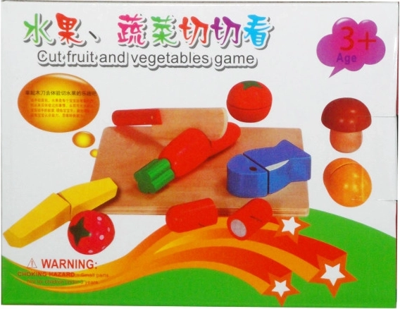 Holzset Obst und Gemüse zum Schneiden mit Schneidebrett und Messer