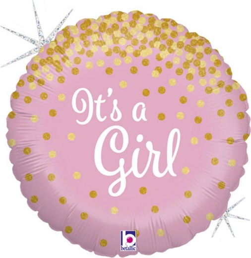 Grabo Folienballon „Es ist ein Mädchen!“ rosa 46 cm mit goldenen Konfetti - 1 Stück