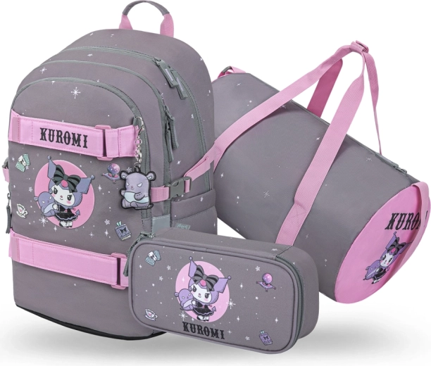 Baagl Set 3 Skate Kuromi Grey – Schulrucksack, Federmäppchen und Sporttasche (GRS)