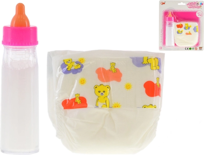 Fläschchen mit „Milch“ 13,5 cm und Windel für Puppen