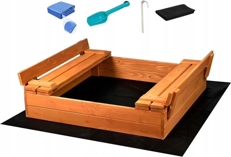 Holzsandkasten mit Deckel und Sitzbänken BABY MIX 100 × 100 cm