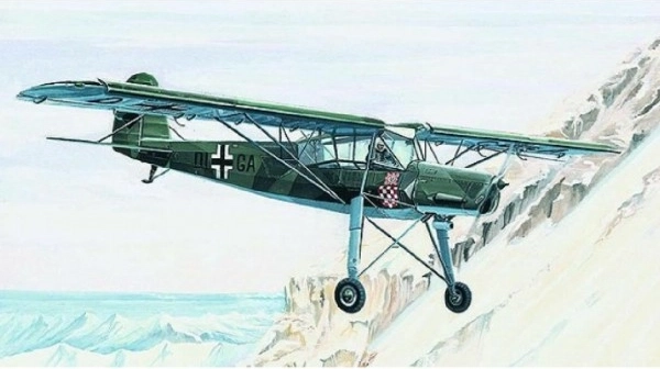 Modell Fieseler FI-156 Storch 13,8 x 19,6 cm in einer 25 x 14,5 x 4,5 cm großen Schachtel