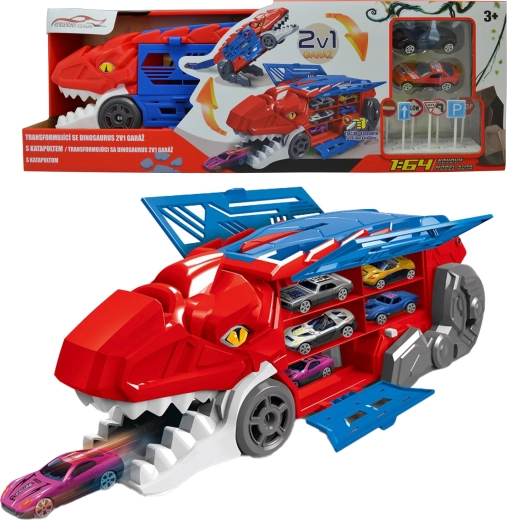 Transformierbarer Dinosaurier 2-in-1 mit Garage und Katapult