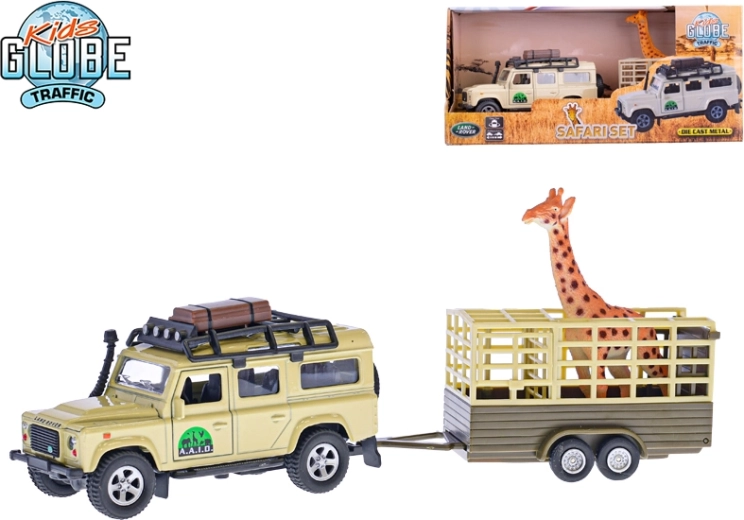 Metallgeländewagen mit Anhänger und Giraffe 14 cm – LAND ROVER DEFENDER mit Rückzugsmotor