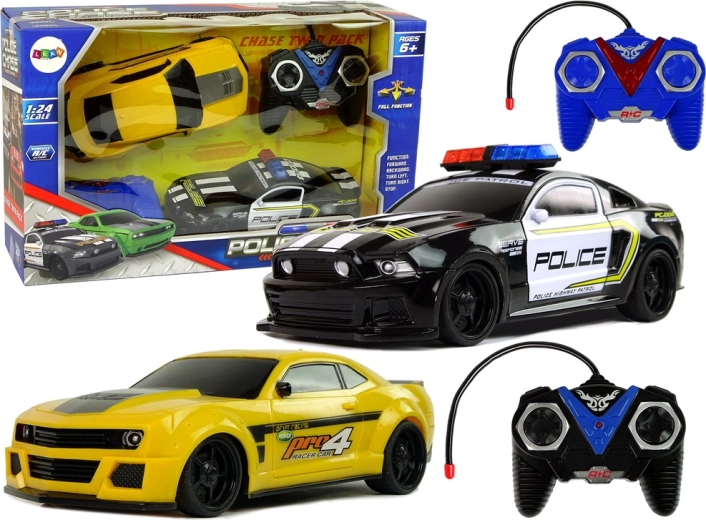 R/C-Set für Polizei-Verfolgungsjagd – Polizeiwagen und gelber Sportwagen mit 2 Fernbedienungen