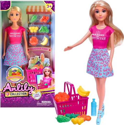 Puppe mit Einkaufswagen und Obst- und Gemüsestand