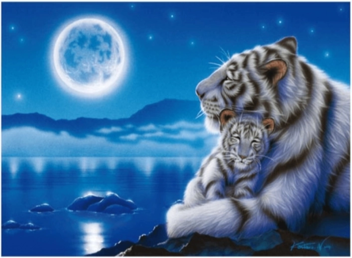 Diamantmalerei – weiße Tiger im Mondschein 40 × 30 cm