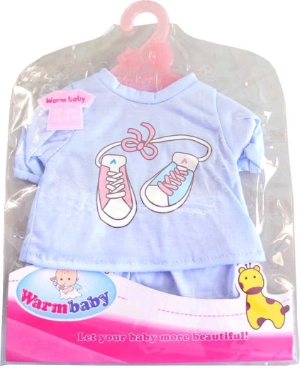 Kleidung für Puppe 42 cm – blaues T-Shirt und Hose mit Kleiderbügel
