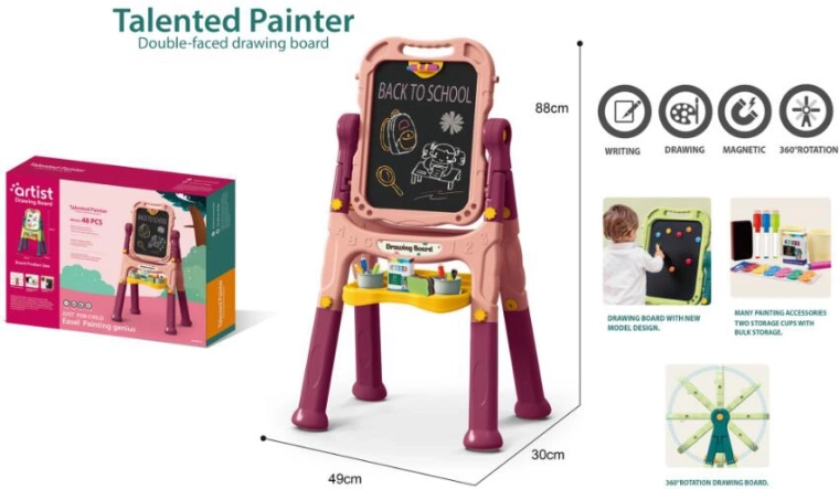 Kinder-Kunsttafel 48-tlg – rosa, beidseitig, Kreide- und Magnettafel