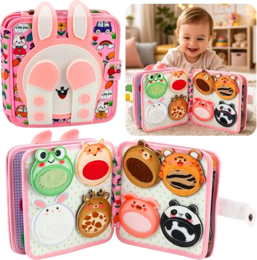 Textiles Sinnesbuch aus Filz – rosa 3D-Häschen