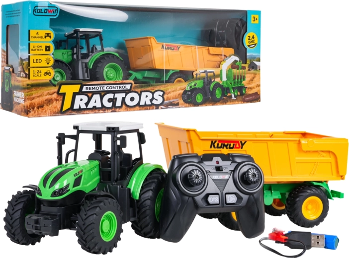 Ferngesteuerter Traktor mit gelbem Kippanhänger 1:24