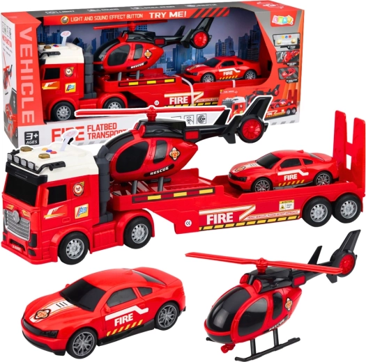 Feuerwehr-Set mit Abschlepp-Lkw, Hubschrauber und Sportwagen mit Licht und Sound