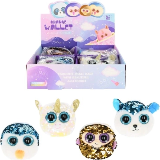 Plüsch-Geldbörse mit Tiermotiv und Pailletten – Set mit Haaraccessoires (4 Varianten)