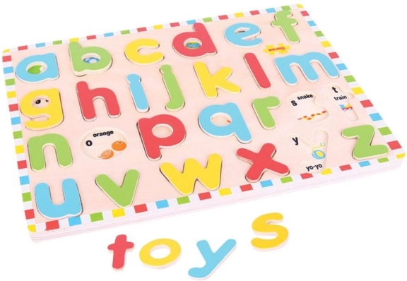 Bigjigs Toys Englisches Alphabet in Kleinbuchstaben mit Bildern – hölzerne Lernplatte