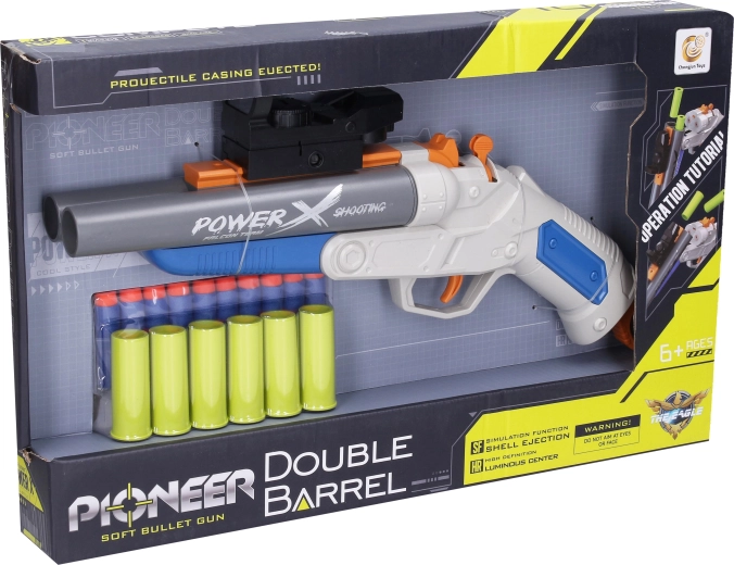 Spielzeuggewehr Pioneer Double Barrel mit Schaumstoffprojektilen und Patronenhülsen 37 cm - 1 Stück