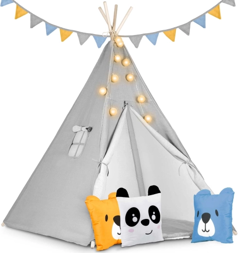 Kinder-Tipi mit Lichterkette Nukido – grau
