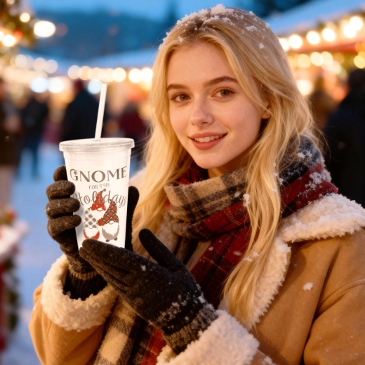 Weihnachtlicher Plastikbecher mit Strohhalm und Deckel, 473 ml