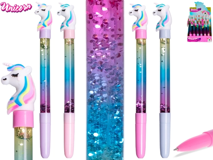 Kugelschreiber mit Einhorn 19 cm mit Glitzerflüssigkeit