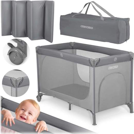 Graues Reisebett mit Matratze und Transporttasche 125 × 65 × 78 cm