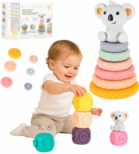 Weiche sensorische Würfel und Pyramide mit Koala – Lernspielzeug zum Stapeln (13 Teile)