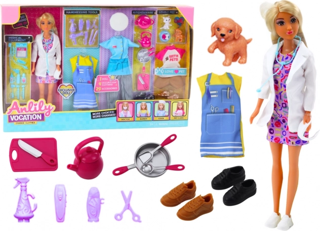 Puppe Anlily 4-in-1 – Ärztin, Friseurin, Köchin und Tierpflegerin mit Outfits und Zubehör