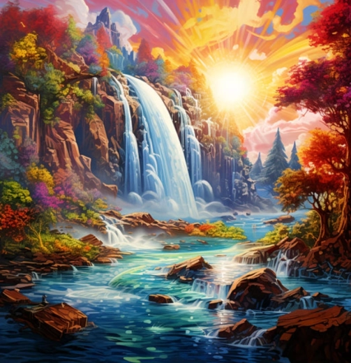 Diamant-Malerei Sonnenuntergang am Wasserfall 30 × 40 cm