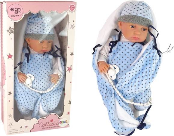 Realistische Baby-Puppe 46 cm mit blauer Decke und Schnuller