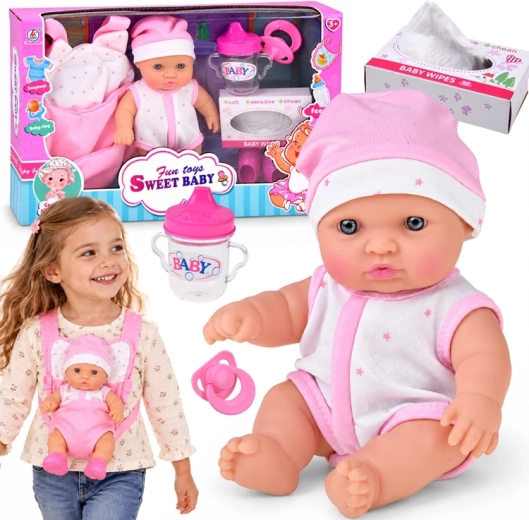 Baby-Puppe 20 cm in Trage mit Schnuller, Fläschchen und Zubehör