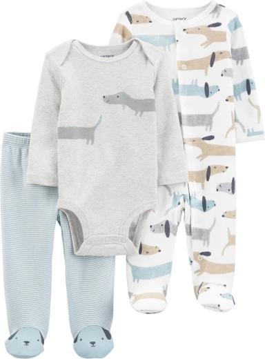 Carter’s 3-teiliges Baby-Set – Druckknopf-Strampler, Schlupfhose mit Füßchen und Langarm-Body Dogs (Junge)